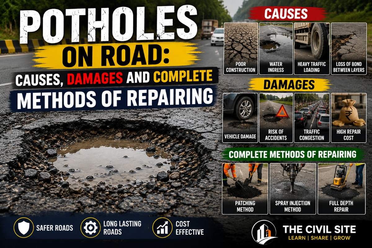 potholes on road:causes, damages and complete methods of repairing