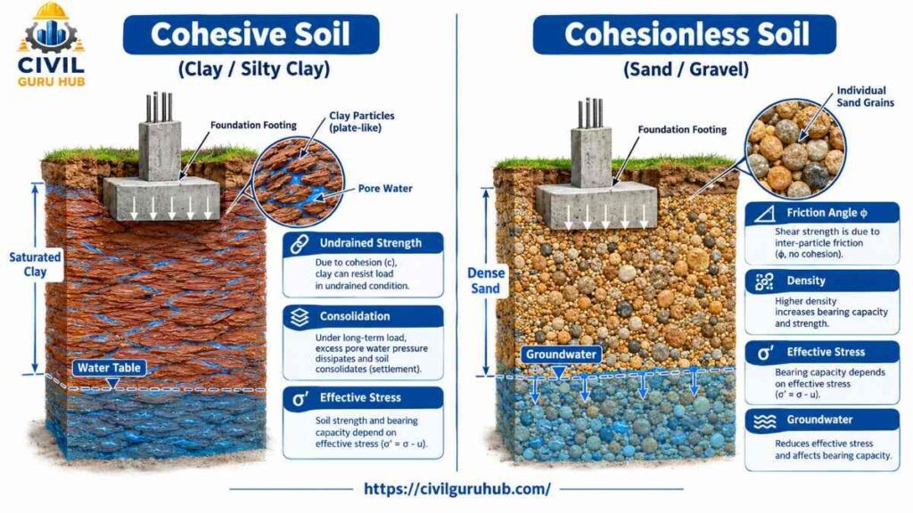 Cohesive vs Cohesionless soil Safe Bearing Capacity